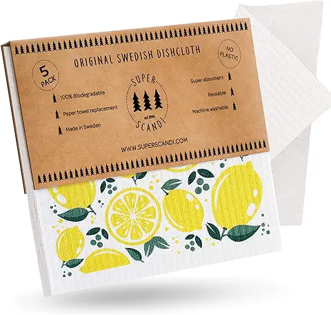 SUPERSCANDI - Juego de 5 Paños de Limpieza (Estampados, 2 Blancos), Ecológicos, Reutilizables, Sostenibles, Biodegradables, de Celulosa, Esponja, Paño de Limpieza de Papel de Repuesto  