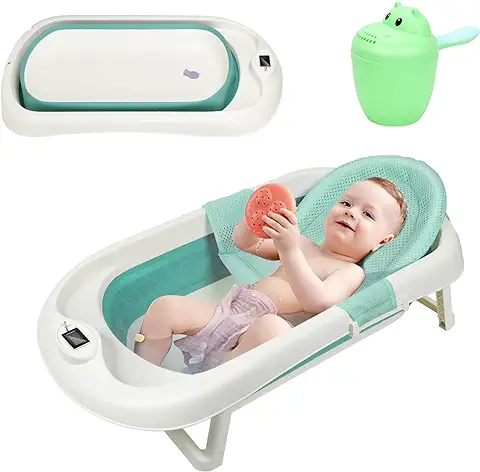 SWANEW Bañera Bebe Plegable, Bebé Bañeras para Bebes Portatil Plegado,Bebé Bañeras con Patas Antideslizante Indicador de Temperatur, Bañera Bebe para Bebé Recién Nacido Hasta 6 Años, Verde  