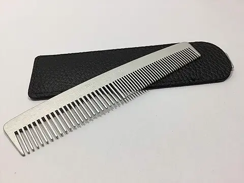 Swedish Crown Peine para Hombre con Funda de piel Auténtica, Peine de Aluminio 13 cm (antiestático) Peine Metálico de Dientes Finos y Anchos (2205-A-ET)  