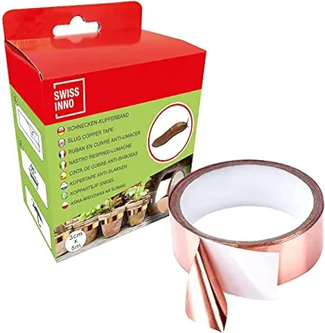 SWISSINNO Cinta de Cobre Adhesiva Anti Babosas, una Barrera Natural Contra las Babosas, Protege Plantas + Jardines, Respetuosa con el Medio Ambiente, Seguro para Niños y Mascotas, 5m x 3cm, 1x  