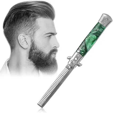 Switchblade Peine de Bolsillo, Plegable, Botón Automático, de Acero Inoxidable, para Barba, Bigote y Accesorios de Peinado para Hombres (verde Mist)  