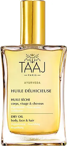 TAAJ | Aceite Delicioso | Aceite de Belleza Seco | Cuerpo, Rostro y Cabello | Nutre, Protege y Revitaliza la piel | Piel Satinada | 96% Ingredientes de Origen Natural | Vegano | 100 ml  