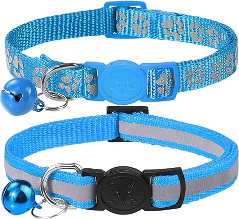 Taglory Collar Gato Reflectante, 2 Piezas Collares para Gatos con Cascabeles y Hebilla Seguro de Liberación Rápida, 15-20 cm Azul Claro  