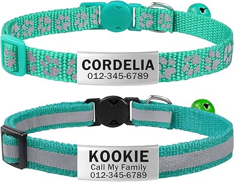 TagME Collar de Gato Personalizado, Reflectante Collares para Gatos con Cascabeles y Hebilla Seguro de Liberación Rápida, 2 Piezas Turquesa  
