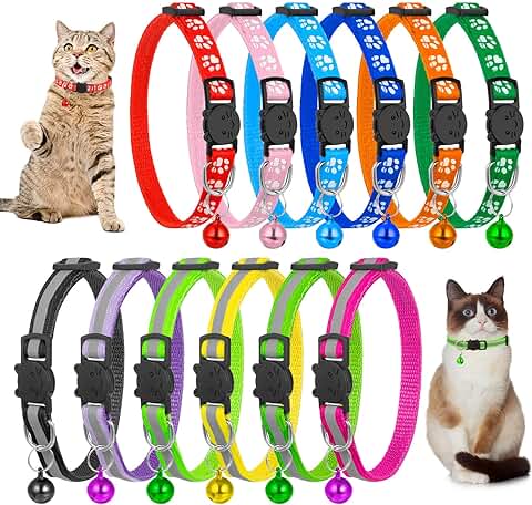 Tao pipe 12 Piezas Collar Gato Reflectante, Collar para Gato con Campana y Hebilla Seguro de Liberación Rápida Cómodo y Ajustable Collar de Gato Personalizado  