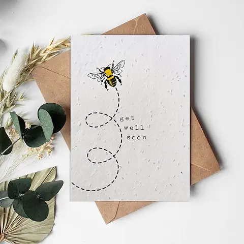 Tarjeta de Felicitación Plantable de Papel de Semilla Ecológica, Biodegradable, Sostenible, Hecha de Algodón Reciclado, Productos Textiles de Corte - Get Well Soon Bee  