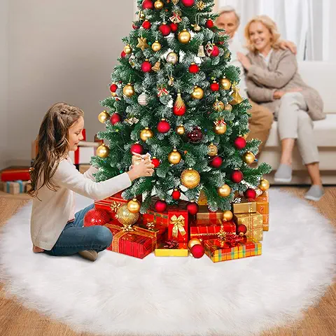 Tatuo Falda de Árbol de Navidad de Piel Falsa Blanca para Decoraciones de Navidad Fiestas (120cm)