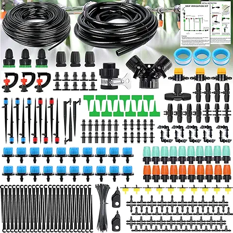 TAVADA Sistema de Riego de Jardín,Kit de Riego por Goteo,Kit Riego con Ajustable Boquilla Aspersor Pulverizador y Gotero Automatico para Jardín,Invernadero,Césped,Maceta  