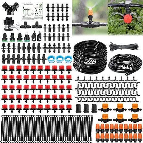 TAVADA Sistema de Riego Jardín,343 PCS Kit de Riego por Goteo,58M+15M Sistema de Riego por Goteo,Ajustable Boquilla Aspersor Pulverizador para Jardines, Macizo de Flores, Plantas de Patio  