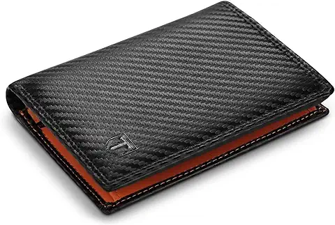 TEEHON Cartera Hombre, Cartera Vertical Cuero de Fibra de Carbono, con RIFD Protección, 13 Ranuras para Tarjetas, con Cremallera, Regalo para Hombre de Navidad, Cumpleaños(Negro y Naranja)  