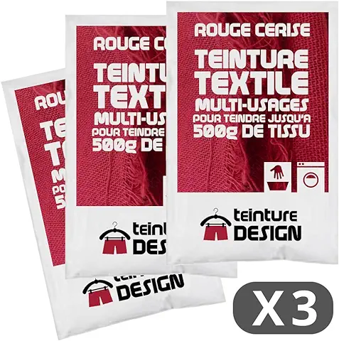 Teinture Design - Juego de 3 bolsas de Tinte Textil, Color rojo Cereza, Tinte Universal para ropa y Telas Naturales  