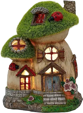 TERESA'S COLLECTIONS 19.5cm Adorno de Jardín Casa de Hadas Luz Solar LED, Decoracion de Jardin de Casa del árbol de Resina con Flocado Verde Efecto Musgo y Mariquita, Estatuas de Jardín  