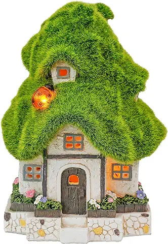 TERESA'S COLLECTIONS 20cm Adorno de Jardín Casa de Hadas Luz Solar LED, Decoracion de Jardin de Casa del árbol de Resina con Flocado Verde Efecto Musgo y Mariquita, Decoracion para Hogar