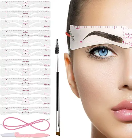 TEUVO 12 Estilos Plantilla Cejas con Ceja Cepillo y Recortador de Cejas para Principiantes, Reutilizable Bricolaje Plantillas de Cejas para 3 Minutos de Maquillaje  
