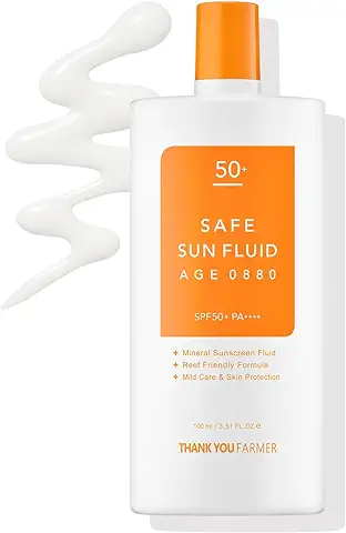 THANKYOU FARMER Safe Sun Fluid SPF50+ PA++++ 100ml, SPF50, Protector Solar Facial Mineral Coreano, Venta Libre de Amplio Espectro sin Receta, Humectante no Graso apto para Arrecifes, Vitamina B, E  