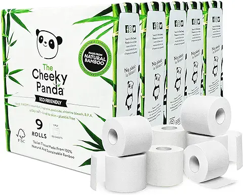 The Cheeky Panda - Papel Higiénico de Bambú | Caja a Granel de 45 Rollos (5 Paquetes de 9 Rollos, 3 Capas, 200 Hojas) | Hipoalergénico, sin Plástico, Ecológico, Súper Suave, Fuerte y Sostenible.  