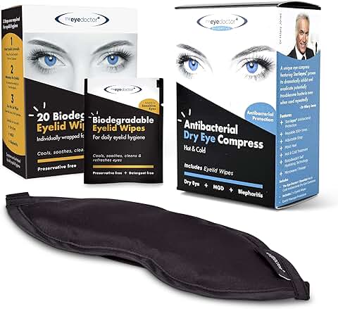 The Eye Doctor Esencial Pack De Tratamiento - Compresa Ocular Caliente Y Fría Reutilizable Y 20 Toallitas De Un Solo Uso Para El Ojo Seco, La Blefaritis Y La MGD - Máscara Apta Para El Microondas  