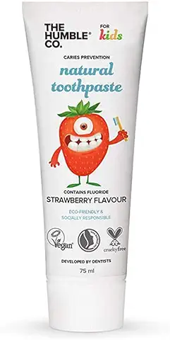 The Humble Co. Natural Pasta de Dientes con Flúor para Niños, Fresa, Ecológico, Vegano, Aprobado por el Dentista, Previene Mal Aliento, Caries, Placa, Multicolor, Fresa - para Niñas, 75 Ml  