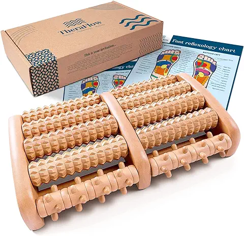 TheraFlow Masajeador Dual de Pies - Acupuntura Shiatsu Original - Madera - con Rodillo de Acupresión para y Alivio de Fascitis Plantar - Con Gráfico de Reflexología Podal y Manual de Uso - (L)  