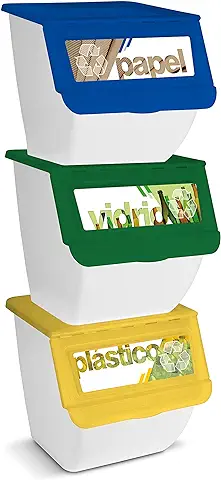 TIENDA EURASIA® Cubos de Basura de Reciclaje - Pack 3 Cubos Apilables de Cocina con Ruedas - Capacidad 36 L - Ideal para Reciclar (Plástico - Papel - Vidrio) (Blanco)  