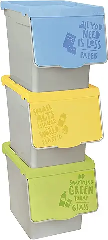 TIENDA EURASIA - Cubos de Basura de Reciclaje, Pack de 3 Cubos de Basura de Cocina, Cubo de Basura 30 Litros, Plástico, Sistema Apilable con Apertura Fácil, Ideal para Reciclar, 3 Colores  
