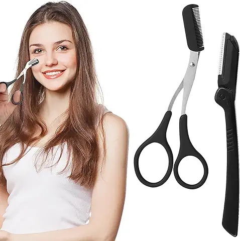 TIESOME 2 Tijeras para Cejas, Tijeras para Cejas con Peine, Maquinilla de Afeitar para Cejas, Afeitadora de Cejas para Hombres y Mujeres, para Acortar Cejas (negro)  