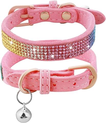 TIESOME Collar de gato de Diamantes de Imitación con Campanas, Collares de Gatitos, Collares de Cuero para Gatos Pequeños, Collares Ajustables para Mascotas, Gatos Pequeños, Perros Pequeños (rosa, XS)  