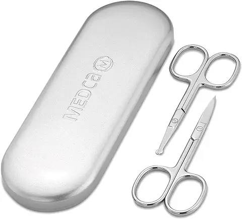 Tijeras de aseo de Acero Inoxidable: Tijeras de Cejas, Barba y Bigote, kit Recortador de Vello Facial de Punta Pequeña, Curva y Redondeada, Cortadora de Cabello de Nariz para Hombre y Estuche de Viaje  