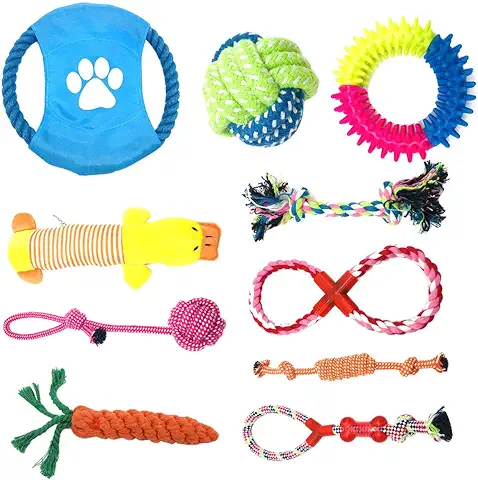 TIYUPA Juego de Juguetes para Perros, 10 Piezas Juguetes de Cuerda para Perros, Algodón Cuerda Juguete para Cachorros para Limpiar los Dientes Adecuado para Pequeño y Mediano  