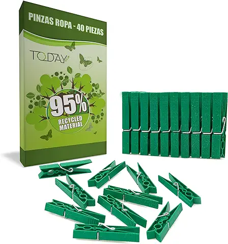 Today - 40 Pinzas para la Ropa 95% Reciclado. Tamaño Grande, Resistentes, Plástico Post-Consumo, Antióxido, a Prueba de Viento y no Dejan Marca - Verde  