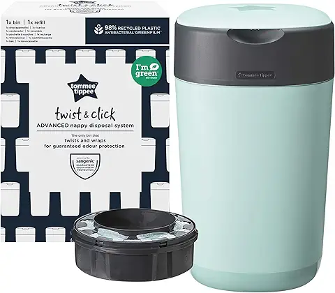 Tommee Tippee - Contenedor para Pañales Avanzado Twist and Click, Nuevo Sistema Ecológico, Incluye 1 Recambio con Película Greenfilm Antibacteriana y Sostenible, Unisex, Verde  