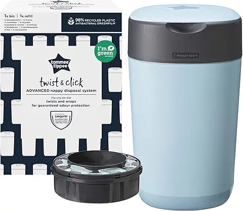 Tommee Tippee - Contenedor Para Pañales Avanzado Twist And Click, Nuevo Sistema Ecológico, Incluye 1 Recambio Con Película Greenfilm Antibacteriana Y Sostenible, Unisex, Azul  