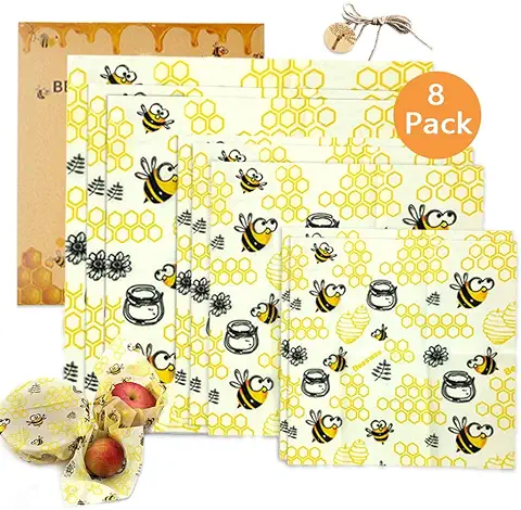 TOPSEAS Envoltorio Cera De Abeja, 8Pcs Envoltorio Cera De Abejas Ecológicas,Papel de Cera de Abeja Mantiene Alimentos Fresco para Sándwich,Queso,Frutas Etc.Reutilizable Envolver,Lavables  