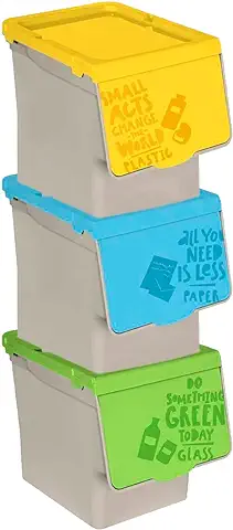Tradineur - Pack de 3 Contenedores Apilables, Polipropileno, Cubos de Basura, Almacenamiento de Residuos, Fácil Apertura, Reciclaje (Papel, Plástico y Vidrio, 27 Litros, 31,5 x 29,5 cm x 39,5 cm)  