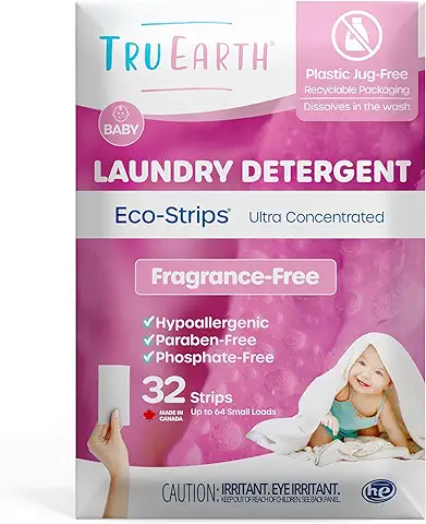 Tru Earth Hojas de Detergente Hipoalergénicas, Fácilmente Biodegradables, Tiras Ecológicas para Pieles Sensibles, 32 Unidades (hasta 64 Cargas), Bebé, Aroma sin Fragancia  