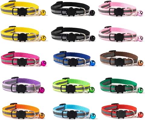 TSHAOUN 15 Piezas Collar Gato Reflectante para Gatos con Campanas y Hebilla De Seguridad De Liberación Rápida, Collar De Gato para La Mayoría De Los Gatos y Cachorros Ajustable 19-32cm  