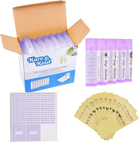 Tubos Contenedores de Bálsamo Labial – Paquete de 50x – DIY – Púrpura – 5.5 ml – 50 Etiquetas Para Escribir y 50 Impresas – Mecanismo de Torsión y una Tapa – Vacío – Haz Bálsamo Labial Natural  