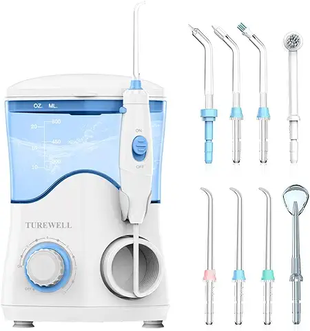 TUREWELL Irrigador Dental, Cable Electrico, Blanco, Irrigador Bucal Professionale con 8 Boquillas Multifuncionales, Capacidad de 600ml, 10 Ajustes de Presión del Agua, Limpieza Dientes  