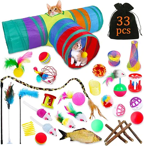 TWBEST Juguetes para Gatos,33pcs Juguete Interactivo para Gato,Juguetes Gatos con Túnel para Gatos,Ratones,Hierba Gatera,Varita de Plumas,Peces,Bolas y Campanas  