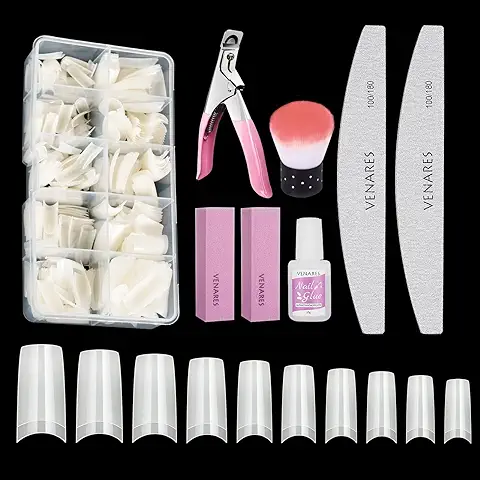 Uñas Postizas Francesa, Venares 500 Piezas Ovales Natural Francé Puntas de Uñas Postizas con 10G Pegamento Uñas, Limas de Uñas 100/180, Bloque de Lima para Uñas 120, Cepillo de Uñas  