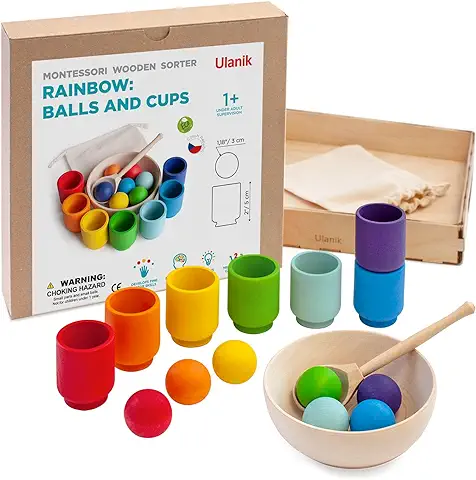 Ulanik Bolas de Arco Iris en Tazas Juguete Montessori Juego Clasificador de Madera 7 Bolas 30 mm Edad 1+ Clasificación y Conteo de Colores Educación de Aprendizaje Preescolar  