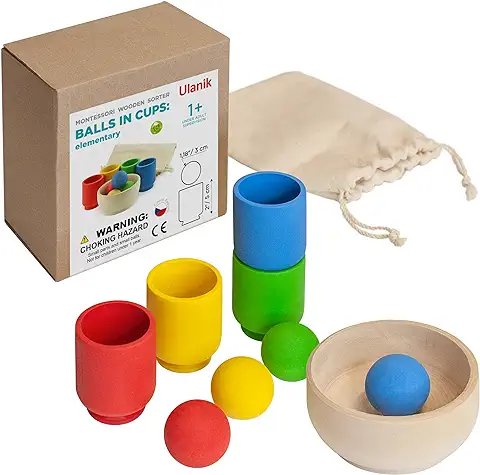 Ulanik Bolas en Tazas Kit de Iniciación Juguete Montessori Juego Clasificador de Madera 4 Bolas 30 mm Edad 1+ Clasificación y Conteo de Colores Educación Preescolar  