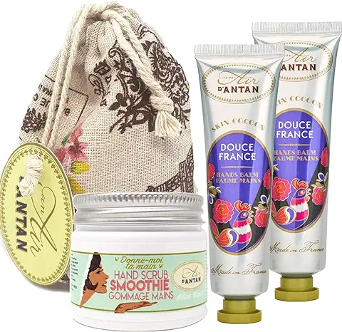 Un Air D'Antan® Caja Regalo Mujer 1 Exfoliante Manos 50ml, 2 Cremas Manos Hidratante ROSE con Manteca de Karite y Aceite de Almendras, Perfume Almendras Dulce, Higo, Navidad Regalo Mujer Originales  