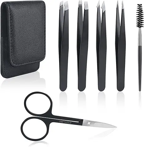 URAQT Pinzas Depilar Cejas, 6 Piezas Juego de Pinzas Depilar Acero Inoxidable, Pinzas de Precisión con Tijeras Cejas y Peine para Cejas, Kit Cuidado de las Cejas para Mujeres y Hombres, Negro  