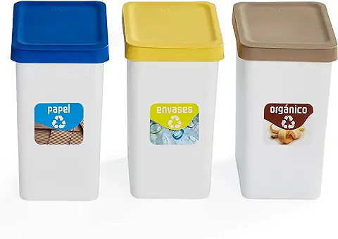 USE FAMILY - Lote 3 Cubos de Reciclaje 12L - Papeleras de Reciclaje Orgánico, Papel y Envases. Pegatinas Incluidas - Cubos de Basura Ecológicos de Plástico Reciclable.  