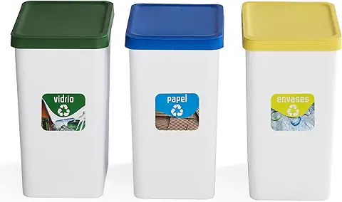 USE FAMILY - Lote 3 Cubos Reciclaje 28L - Reciclaje de Vidrio, Papel y Envases - Pepeleras con Pegatinas de Reciclaje - Apto para Bolsas 30 L - Cubos de Basura Ecológicos de Plástico Reciclable  