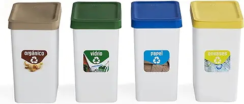 USE FAMILY Lote 4 Papeleras Reciclaje 12L Recycle. Reciclaje Vidrio, Papel, Envases y Orgánico. Pegatinas Reciclaje Incluidas. Cubos Basura Ecológico Plástico Reciclable.  