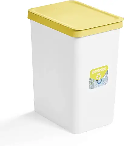 USE FAMILY Papelera Reciclaje Envases y Plástico 28L Tapa Amarilla, Recycle. Cubo Blanco con Pegatina de Reciclaje. Para Bolsas 30L. Cubos de Basura Ecológico Plástico Reciclable  