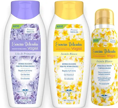 Vagisil Multipack Esencias Delicadas, Gel Para Higiene Íntima Diaria Mujer, Jazmín Blanco 250 ml, Lila de Primavera 250 ml y Desodorante Íntimo Para Mujer Jazmín Blanco 125 ml  