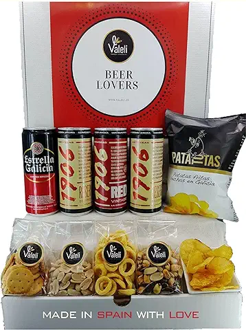 Valeli. Cesta Cervezas Estrella Galicia, 1906 Reserva Especial y Red Vintage con Frutos Secos y Snacks. Regalo Original para él, Ella, Amigo, Fiesta, Cumpleaños, Padre, Enamorados  